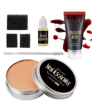 DE'LANCI Pro SFX Makeup Scars Wax kit Halloween Special Effects Stage Fake Wound Moulding Skin Wax (60g/2.12 Oz) with Spatula + Black Stipple Sponge + Fake Blood(30g/1.06 oz) + 10ml Skin Extension Oil