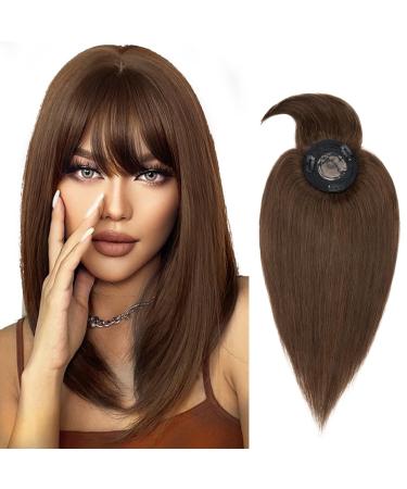 Silk-co 10inch Hair Toppers for Thinning Hair Women Real Hair #4 Medium Brown- Mono Base 100% Human Hair Extensions with Fringe Crown Clip in Hair Top Piece 10 Inch #4 Medium Brown