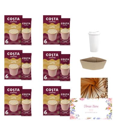 Temas Costa Coffee Instant Coffee Sachets Bundled With Reusable Coffee Cup Sleeves & Coffee Stirrers |Salted Caramel Latte | Coffee Gifts (Salted Caramel Latte)
