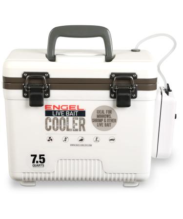 Engel 7.5qt Live Bait Cooler Box with 2nd Gen 2-Speed Portable Aerator Pump. Fishing Bait Station and Minnow Bucket for Shrimp, Minnows, and Other Live Bait - ENGLBC7-N White
