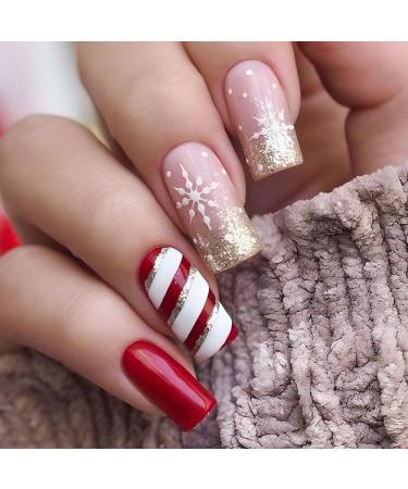 Brishow Christmas False Nails Snowflake Press on Nails Elk Stick on Nails Red Long Fake Nails Full Cover Nails Tips 24pcs for Women and Girls (8)