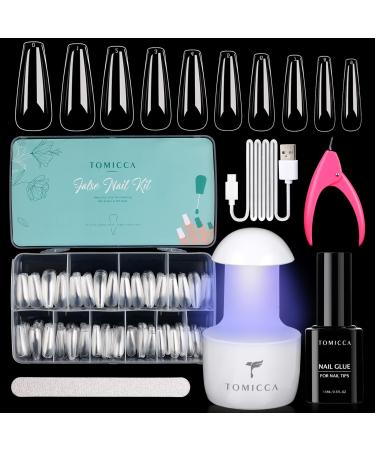 TOMICCA Nail Tips and Glue Gel Kit Nail Extension Kit-4 In 1 Nail Glue and Base Gel 500Pcs Coffin Nails with Portable LED Nail Lamp DIY Nail Art Acrylic Nail Starter Kit Easy Nail Extension Set Gifts A-500Pcs Medium Coffin