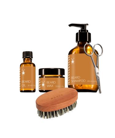 M HLE Beard Care Bundle - 5-piece set with shampoo care oil wax beard brush and ergonomic stainless steel scissors