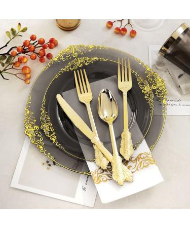 Nervure 175PCS Clear Black & Gold Plastic Plates Set for 25 Guests - Ideal for Parties & Halloween - Buy Online on SooperMarket.com