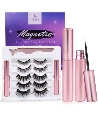 Arishine Magnetic Eyeliner and Lashes Kit, Magnetic Eyeliner for Magnetic Lashes Set, With Reusable Lashes 5 Pairs 8 Piece Set