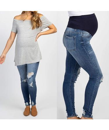 Spritumn-Home Maternity Jeans for UK Pregnant Women | Skinny Slim Fit Ripped Jeans Over The Bump | Vintage Stretch Denim Leggings | Solid Blue Maternity Trousers - Buy Online on SooperMarket.com