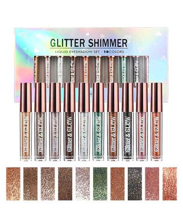 SUMEITANG 10 Colors Liquid Glitter Eyeshadow Set, Metallic Pigments Metals Gloss Sparkling Smokey Eye Looks Shimmer Sparkle Glow Eye Shadow Shiny Makeup Kit Quick-Drying Long Lasting Waterproof 10 Color Gift Set