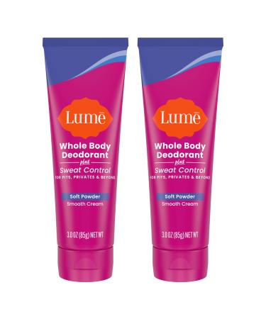 Lume Whole Body Deodorant Plus Sweat Control - Smooth Cream Tube - 72 Hour Odor And Sweat Control - Baking Soda Free Skin Loving - 3.0 ounce (Pack of 2) (Soft Powder)