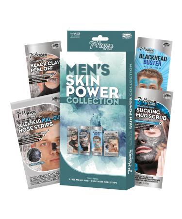 7th Heaven Men's Skin Power Face Mask Set (3 Deep Cleansing Masks & Nose Pore Strips). Clay Mud & Peel Off Face Masks and Blackhead Remover Strips - Genuine 7th Heaven Face Masks Skincare Set for Men
