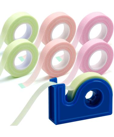 Maitys 6 Roll Lash Tape for Eyelash Extensions with Eyelash Tape Dispenser Cutter Breathable Adhesive Fabric Tape for Eyelash Extension Supplies 0.5 Inch Wide 10 Yard Long (Green, Pink, Purple)