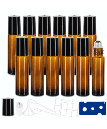 12 Pack Essential Oil Roller Bottles, 10ml Roller Balls for Essential Oils, Amber Glass Roller Bottles, Roll on Bottles with Stainless Steel Roller Balls, Labels, 1*Openers, 1*Funnels, 2*Dropper 10ml-12pcs Amber