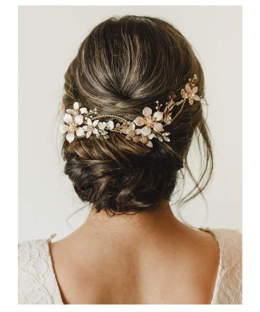 SWEETV Gold Bridal Headpieces for Bride Flower Wedding Headband Hair Vine Crystal Hair Pieces for Women