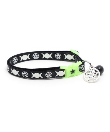 Wicca Cat Collar with Occult Charm & Bell | Witchs Familiar Cat Collar | Witch Kitten Collar Charms | Glow in The Dark | Safety Breakaway Collar Large(10lbs & Up) Black