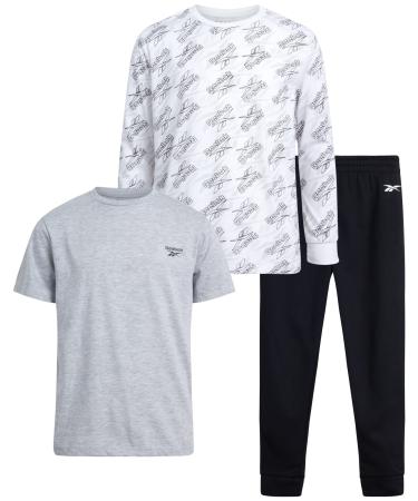 Reebok Boys' Active Jogger Set - 3 Piece Long Sleeve Shirt and Sweatpants - Performance Fleece Tracksuit for Boys (8-12) White 10