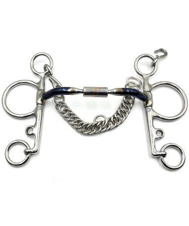 Copper Roller Ported Pelham Blue Sweet Iron Horse Bit Snaffle with Hook and Chain (5")