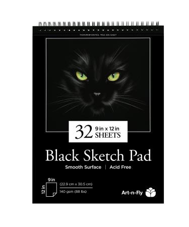 Art-N-Fly 32 Sheets Black Sketch Pad 9x12" - Black Sketchbook Drawing Paper, Perforated Edge on Spiral Bound 88 LB - Art Black Sketch Book for Colored Pencils, Graphite, Charcoal, Pastels & Gel Pens 1 pack 9x12