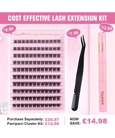 Parriparri DIY Lash Extension Kit - 120Pcs Individual Lashes with Bond and Seal | Cluster Lashes Applicator | Volume Eyelash Extensions Kit for False Eyelashes DIY at Home (8-16MM MIX) - Buy Online on SooperMarket.com