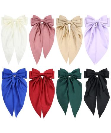 8 Pack Satin Big Large White Pink Red Blue Black Ribbon Hair Bows for Women Oversized Giant Bow with Long Tail Hair Bow Clips Bowknot French Barrette for Girl Bun Ponytail Holder Hair Accessories