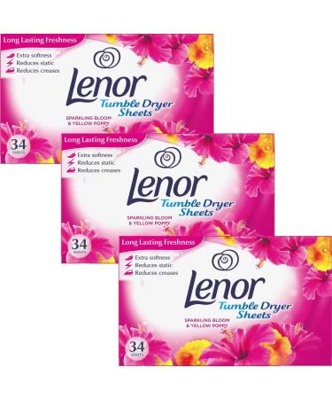 PGUK 3 x 34 Tumble Dryer Sheets Sparkling Bloom and Yellow Poppy Laundry Linen Fabric Conditioner Fresh Clothes