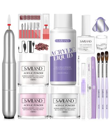 Saviland Acrylic Nail Kit with Drill - Clear/Pink/White Acrylic Powder and Liquid Set & Nail Drill Kit Acrylic Nail Brush Cuticle Oil and Acrylic Nail tools Professional Acrylic Nail Kit Home DIY