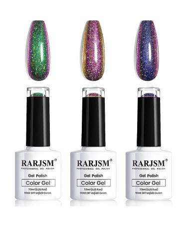 RARJSM Chameleon Gel Nail Polishes Set Multichrome Color Changing Blue Green Purple Holographic Glitter Polish Curing Requires Sparkle Shimmer Nail Gel Varnish Soak Off DIY at Home 7.5ml 3PCS