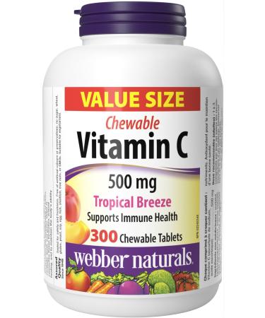 Webber Naturals Vitamin C Chewable 500 mg 300 Tropical Breeze Flavour Tablets For Bones Teeth Immune and Antioxidant Health 300 count (Pack of 1)