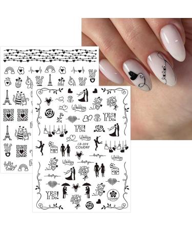 JMEOWIO Spring 3D Nail Art Stickers 9 Sheets Self Adhesive Nail Decals Heart-Shaped Flower Pattern DIY Design Nail Decoration for Women Girls (Black) - Buy Online on SooperMarket.com