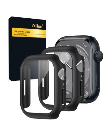 Ailun for Apple Watch Series 8 & 7 Screen Protector Case 45mm Ultra-Thin Hard PC Case Built in Tempered Glass Screen Protector for iWatch Shockproof Cover with Button 2 Pack Black 45MM Black
