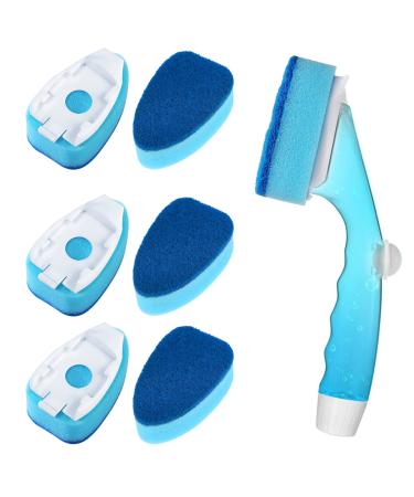 Non Scratch Dishwand Refill with Handle, 6 Heavy Duty Dish Wand Refills, Replacement Sponge Heads Set, Soap Control Dispenser Scrubbers, Dishwashing Scrub Dispensing Brush, Dishwasher Cleaning Tool Blue