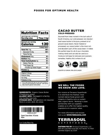 Terrasoul Superfoods Organic Cacao Butter 1 Lb - Raw, Keto, Vegan, Unrefined - Buy Online on SooperMarket.com