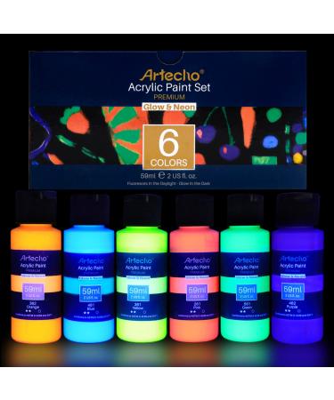 Artecho Glow in the Dark Paint - Set of 6 Colors  59 ml / 2 oz Acrylic Paint for Decoration  Art Painting  Outdoor and Indoor Art Craft  Supplies for Canvas  Rock  Wood  Waterproof  Rich Pigments for Adults  Students  Ki...