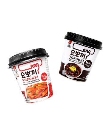 Yopokki double pack sweet/spicy + jjajang beans - rice cake in the cup - Sweet/Spicy + Black Beans Rice Cake Cups - Tteokbokki Korean rice cake - OG Asia - 260g 2 Series Pack Sweet & Beans