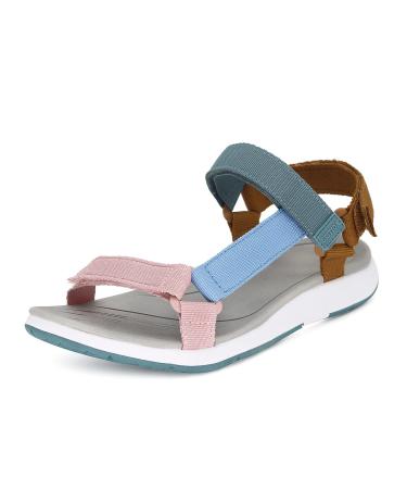 Group women hiking sandals summer women trekking sport water shoes flat cross-tied beach peeptoe adjustable Velcro walking shoes multi-way pink blue 39 EU