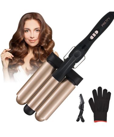 3 Barrel Curling Iron Wand 1.25 Inch Ceramic Tourmaline Triple Barrels Temperature Adjustable Portable Crimper Hair Iron for Beach Waves Hair Waver Heats Up Quickly with LCD Temp Display(Rose Gold)