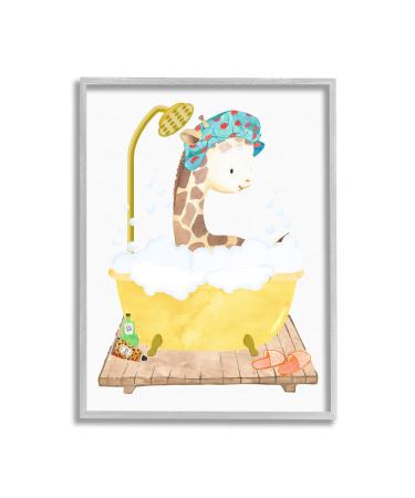 Stupell Industries Children's Giraffe Animal Bubble Bath Yellow Bathroom Grey Framed Wall Art  White