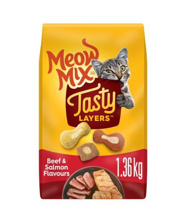 Meow Mix Tasty Layers Dry Cat Food Beef & Salmon 1.36kg Beef & Salmon 1.36 kg (Pack of 1)