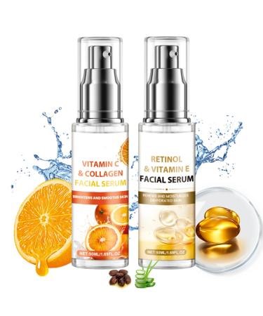 Vitamin C & Vitamin E Serum Facial Set Morning C and Night E Skincare Gift Set Anti-Wrinkle Tighten Skincare Set with Vitamin C & Collagen Serum (Day Use) Retinol & Vitamin E Serum(Night Use)