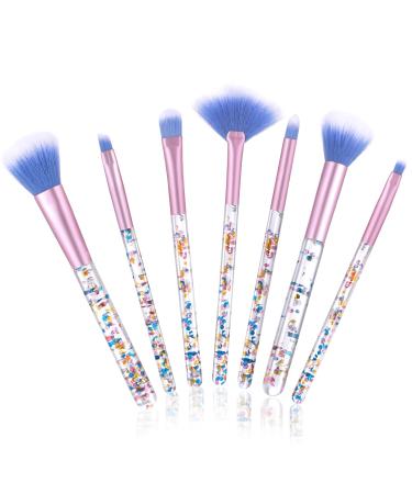 WLLHYF 7 Pack Makeup Brush Set Stylish Glitter Cosmetics Brushes Kit Professional Blending Brush with Crystal Sequins Handle for Eye Shadow Eyeliner Foundation Powder Concealer Blush Lip Women (Blue)
