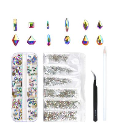 120 Pcs Multi Shapes Glass Crystal AB Rhinestones For Nail Art Craft, Mix 12 Style FlatBack Crystals 3D Decorations Flat Back Stones Gems Set (120 pcs Crystals+1728 pcs rhinestones) A 120 pcs Crystals+1728 pcs rhinestones