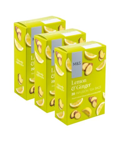 M&S Marks & Spencer Lemon & Ginger Fruit Infusion Teabags Sweet Citrus with Warming Ginger & Lemongrass Caffiene Free - Set of 3 x 20pk