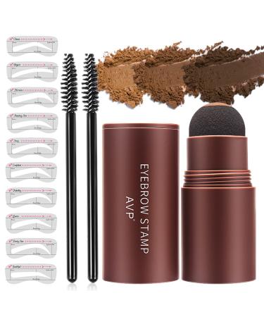 Eyebrow Stamp Stencil Kit- Brow Stamp and Shaping kit, One Step Brow Stamp Makeup Powder with 10 Reusable Eyebrow Stencil for Perfect Brows, Long-lasting, Waterproof, Hairline Shadow Powder Stick (Dark Brown)