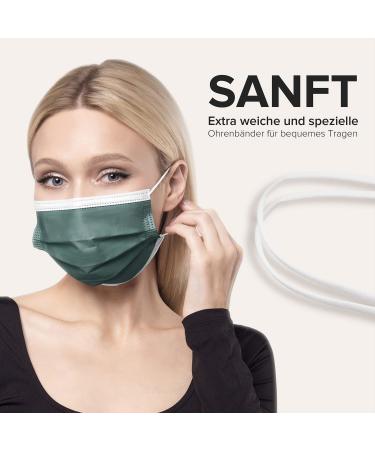 Dark Green Disposable Face Masks - 100 Pack | Made in Germany | CE Certified, Type IIR | Breathable Triple Layer, 99.78% Filtration | Elastic Earloops, Adults | 17.5cm x 9.5cm - Buy Online on SooperMarket.com
