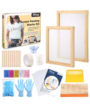 Pllieay 42 Pieces Screen Printing Kit with Instructions, Include 2 Pieces Wood Silk Screen Printing Frames, 5 Colors Fine Glitter, Screen Printing Squeegee, and Waterproof Transparency Films