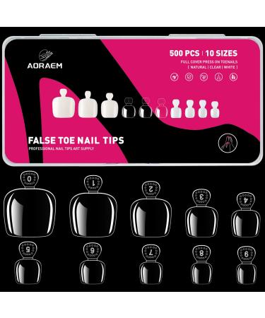 AORAEM False Toenails 500PCS Clear Toe Nails for Acrylic Tips Full Cover Press on Toenails for Nail Art Design Home DIY Nail Salon, 10 Sizes with Box(Clear)