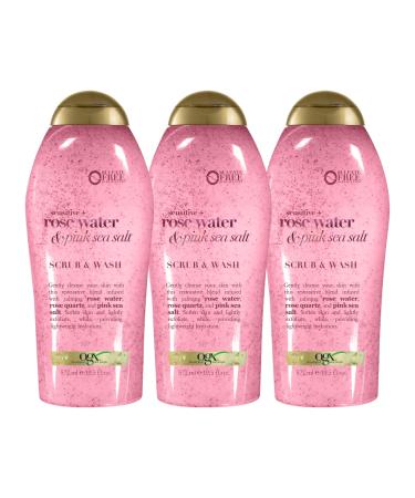 OGX Sensitive + Pink Sea Salt & Rosewater Sulfate-Free Soothing Body Scrub with Healing Rose Quartz, Gentle Exfoliating Daily Body Wash to Soften & Smooth Skin, 19.5 Fl Oz (pack of 3)
