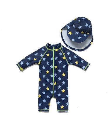 BONVERANO Baby Boys Swimsuit Toddler Bathing Suit Short-Sleeve Zipper One Piece Swimwear with UPF 50+ Sun Protection 12-18 Months Yellow Star