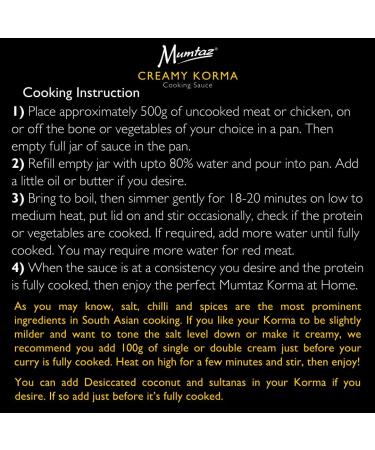 Mumtaz CREAMY KORMA Indian Curry Cooking Sauce - Restaurant Quality at Home - Medium Spiced - 350g Jar Serves 4-5 - All Natural Ingredients- Gluten Free- Vegetarian Friendly. - Buy Online on SooperMarket.com