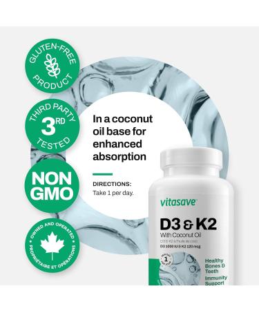 Vitasave Vitamin D3 & K2 Softgels - High Potency 1000 IU D3 & 120 mcg K2 (240 Softgels) 240 count (Pack of 1) - Buy Online on SooperMarket.com