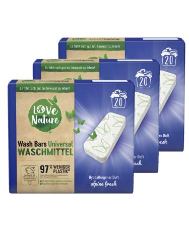 Love Nature Wash Bars Universal detergent 60 (3 x 20) Washpia pre -dosed and with sustainable packaging compact washing force with ingredients of natural origin 20 pieces (3 -pack)