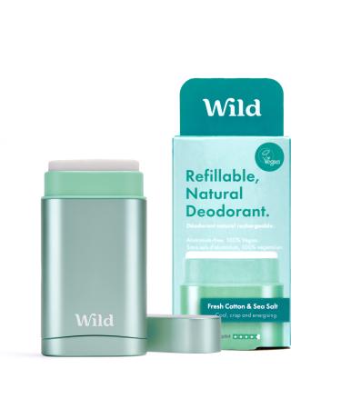 Wild - Natural Refillable Deodorant - Vegan & Eco-Friendly - Aluminium Free - Long Lasting Protection - 100% Natural Ingredients - Starter Kit - Aqua Case Fresh Cotton & Sea Salt Refill - 40g Fresh Cotton & Sea Salt 40g (Pack of 1)